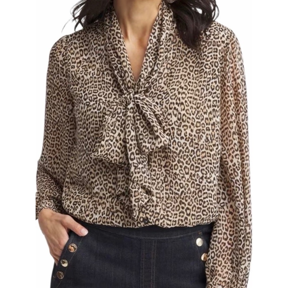 Chicos Leopard Print Tie Neck Blouse Size 3.5 XL Brown Animal Print Sheer Top